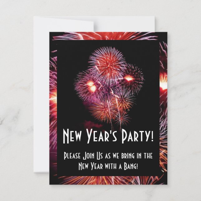 Black Fireworks New Years Party Small Invitation (Front)