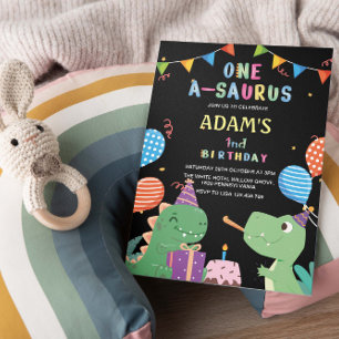 Black First 1st Birthday Party Dinosaur & Cake Invitation