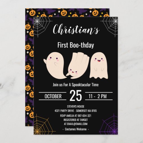 Black First Boo_thday Custom Halloween Birthday Invitation
