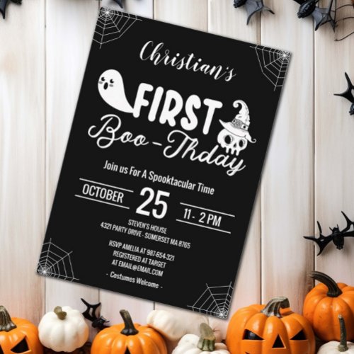 Black First Boo_thday Custom Halloween Birthday Invitation