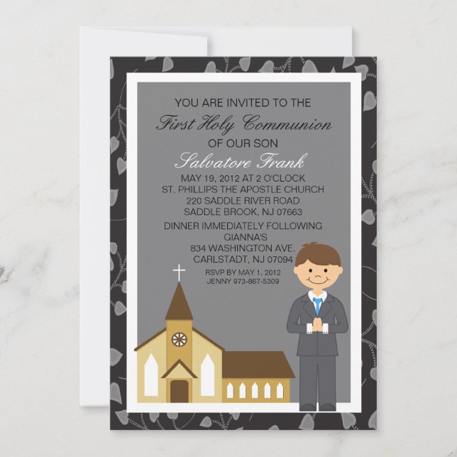 Black First  Communion Boy By Church Invitation (Front)