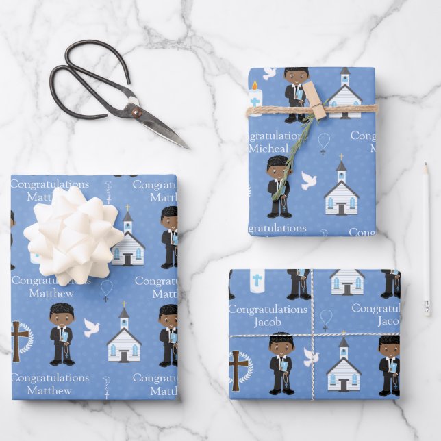 Black First Communion Boy Wrapping Paper Sheets (Front)