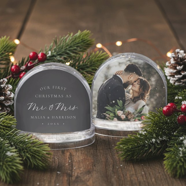 Black | First Married Christmas Wedding Photo Snow Globe (Creator Uploaded)