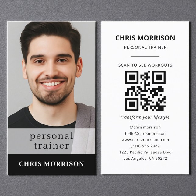 Black Fitness QR Code Personal Trainer Photo Business Card (Creator Uploaded)