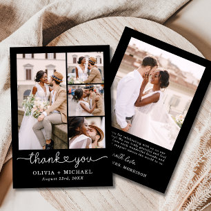 Black Five Photo Collage Script Wedding Thank You Card