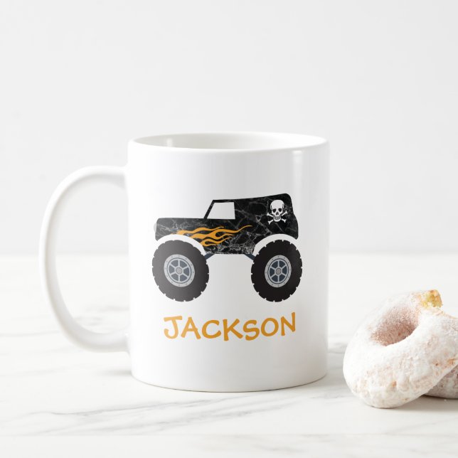 Black Flame Skull and Bones Monster Truck Mug (With Donut)