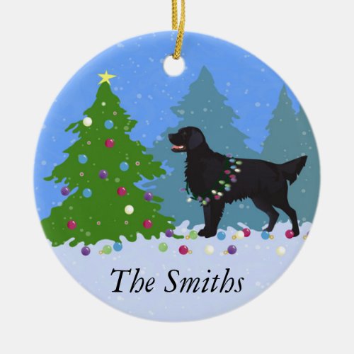 Black Flat_Coated Retriever _ Christmas Forest Ceramic Ornament