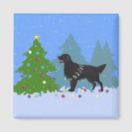 Black Flat-Coated Retriever - Christmas Forest Magnet