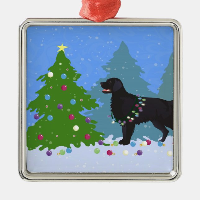 Black Flat-Coated Retriever - Christmas Forest Metal Ornament (Front)