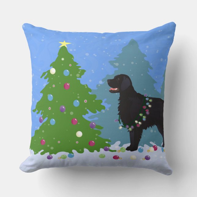 Black Flat-Coated Retriever - Christmas Forest Throw Pillow (Front)