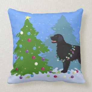 Black Flat-Coated Retriever - Christmas Forest Throw Pillow