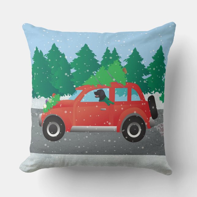 Black Flat-Coated Retriever Driving Christmas Car Throw Pillow (Front)