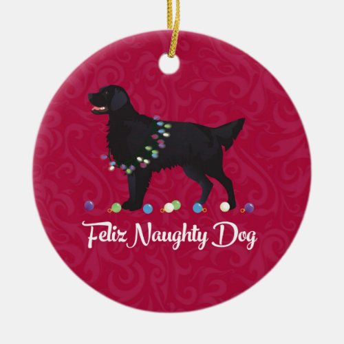 Black Flat Coated Retriever Feliz Naughty Dog Ceramic Ornament