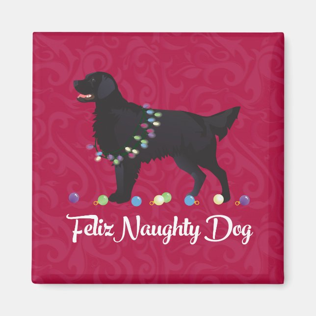 Black Flat Coated Retriever Feliz Naughty Dog Magnet (Front)