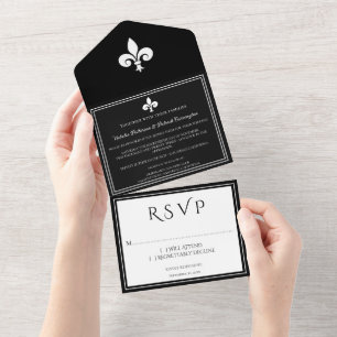 Black Fleur de Lis All in One Wedding Invite