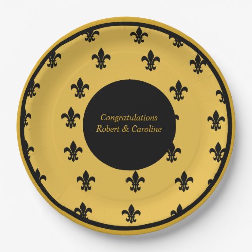 Black Fleur de Lis on Gold Background  Paper Plates