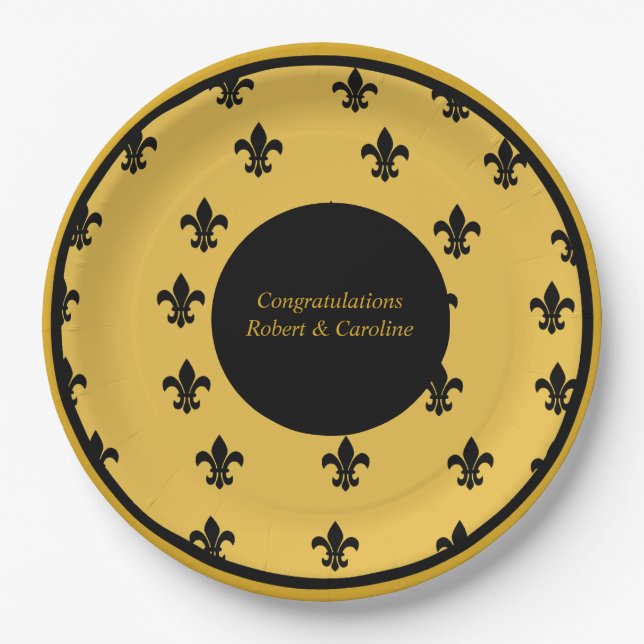 Black Fleur de Lis on Gold Background  Paper Plates (Front)