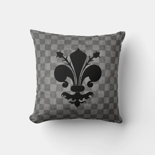 Black Fleur De Lis on gray checkerboard pattern Throw Pillow (Front)