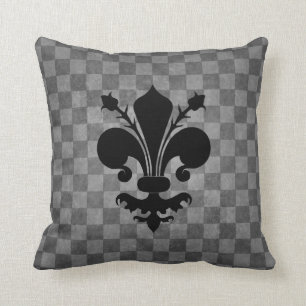 Black Fleur De Lis on gray checkerboard pattern Throw Pillow