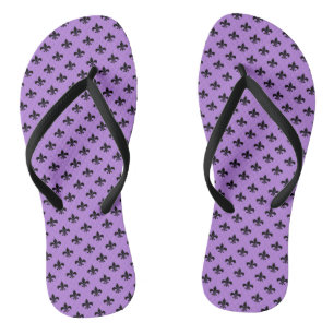 Black Fleur-de-lis on Lavender Purple Flip Flops