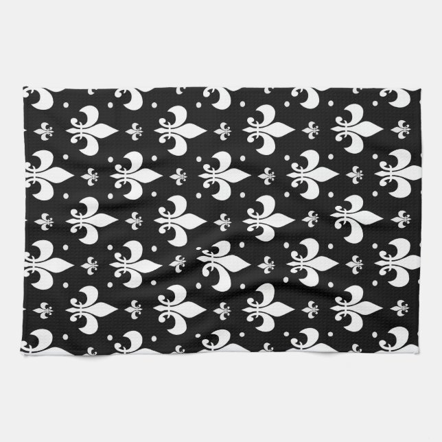 Black Fleur-de-lis Pattern Design  Kitchen Towel (Horizontal)