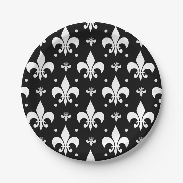 Black Fleur-de-lis Pattern Design  Paper Plates (Front)