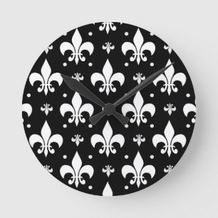 Black Fleur-de-lis Pattern Design Round Clock