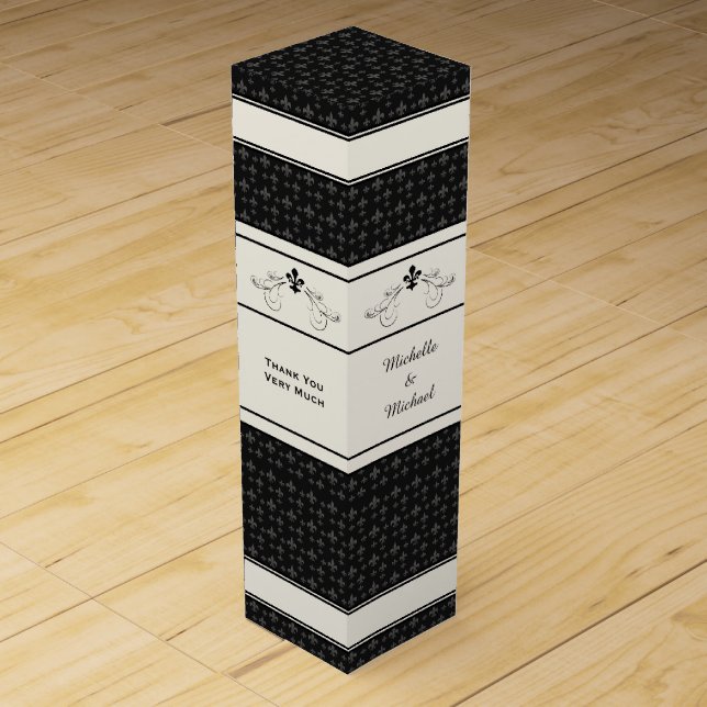 Black Fleur de Lis Scroll Personalized Wine Box (Front)