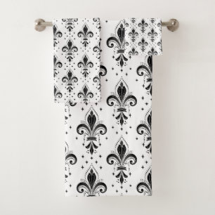 Black fleur-de-lis seamless pattern on white bath towel set