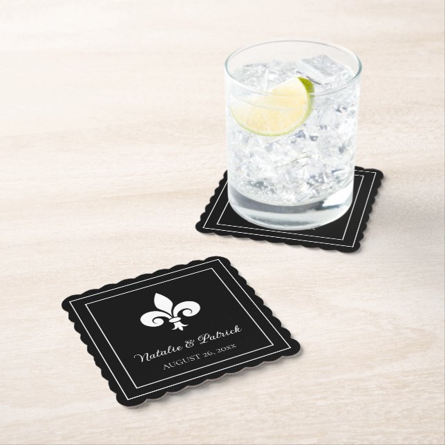 Black Fleur de Lis Wedding Paper Coasters (Insitu)