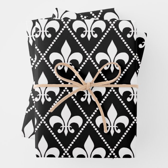 Black Fleur de Lis Wrapping Paper Sheets (In situ)