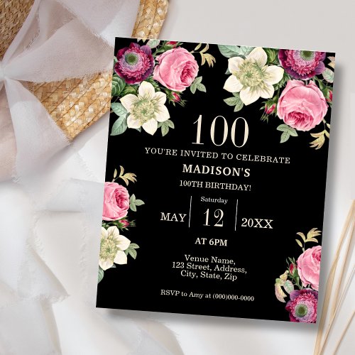 Black Floral 100th Budget Birthday Invitation