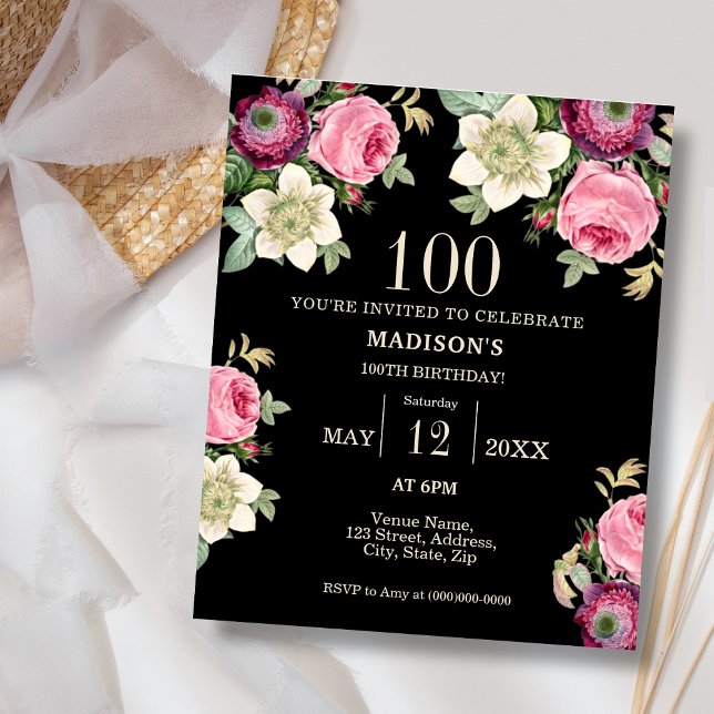 Black Floral 100th Budget Birthday Invitation (Creator Uploaded)