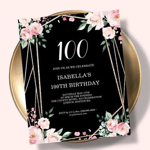 Black Floral 100th Budget Birthday Invitation