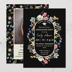 Black Floral 1 Photo Graduation Announcement Invit