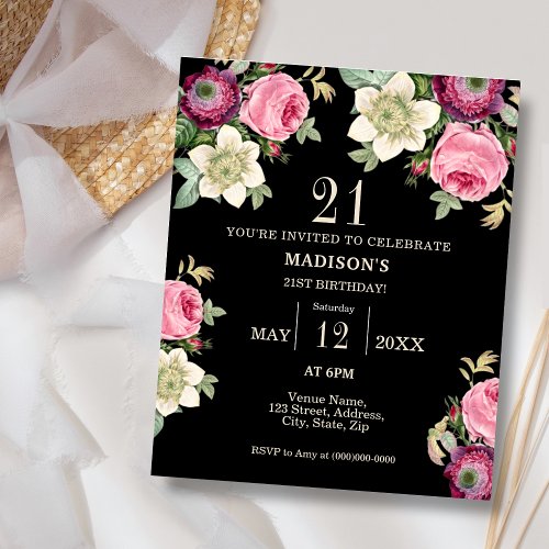 Black Floral 21st Budget Birthday Invitation