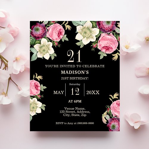 Black Floral 21st Budget Birthday Invitation