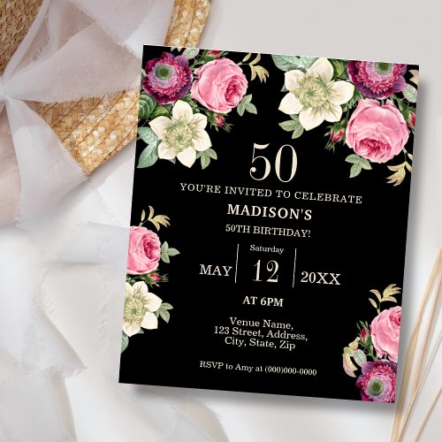 Black Floral 50th Budget Birthday Invitation