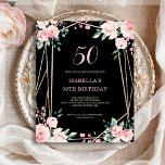 Black Floral 50th Budget Birthday Invitation<br><div class="desc">Looking for an affordable and charming invitation for your upcoming 50th birthday bash? Look no further than our black floral paper invitation! With a lovely design featuring delicate blush pink flowers on a chic black background and an elegant font, this customizable invitation is sure to set the perfect tone for...</div>