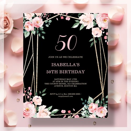 Black Floral 50th Budget Birthday Invitation