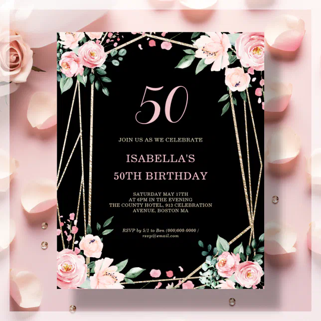 Black Floral 50th Budget Birthday Invitation | Zazzle