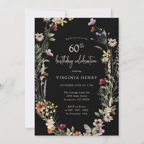 Black Floral 60th Birthday Party Invitation