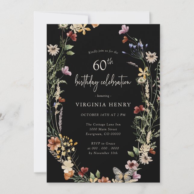 Black Floral 60th Birthday Party Invitation (Front)