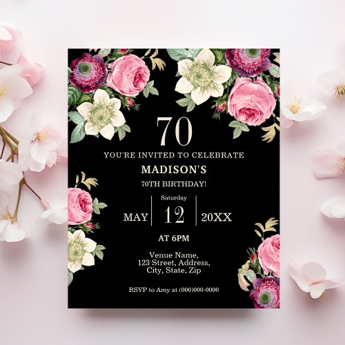 Black Floral 70th Budget Birthday Invitation