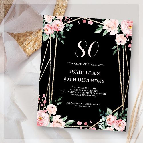 Black Floral 80th Budget Birthday Invitation