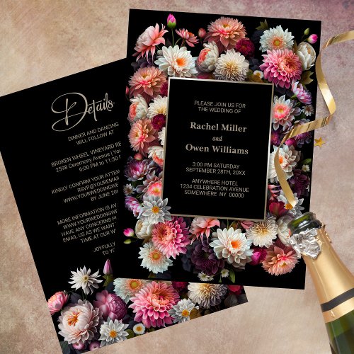 Black Floral All In One Wedding Invitation