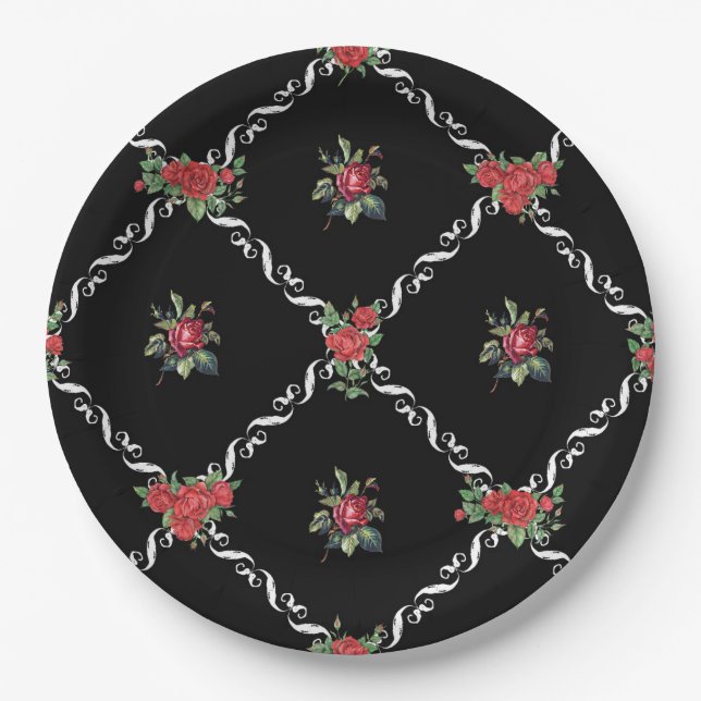 Black Floral and Lattice Sweet Valentine Paper Plates (Front)