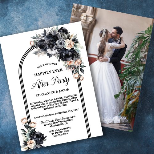 Black Floral Arch Photo Wedding Reception Invitation