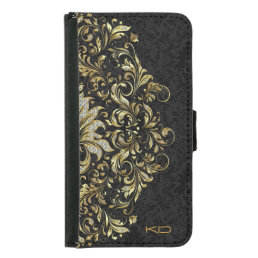Black Floral Background With Gold &amp; Glitter Lace Samsung Galaxy S5 Wallet Case