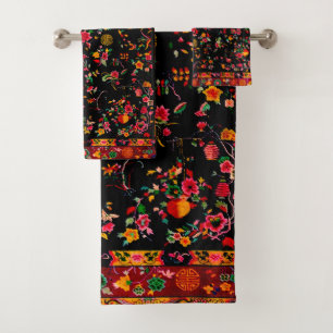 Black Floral Bath Towel Set